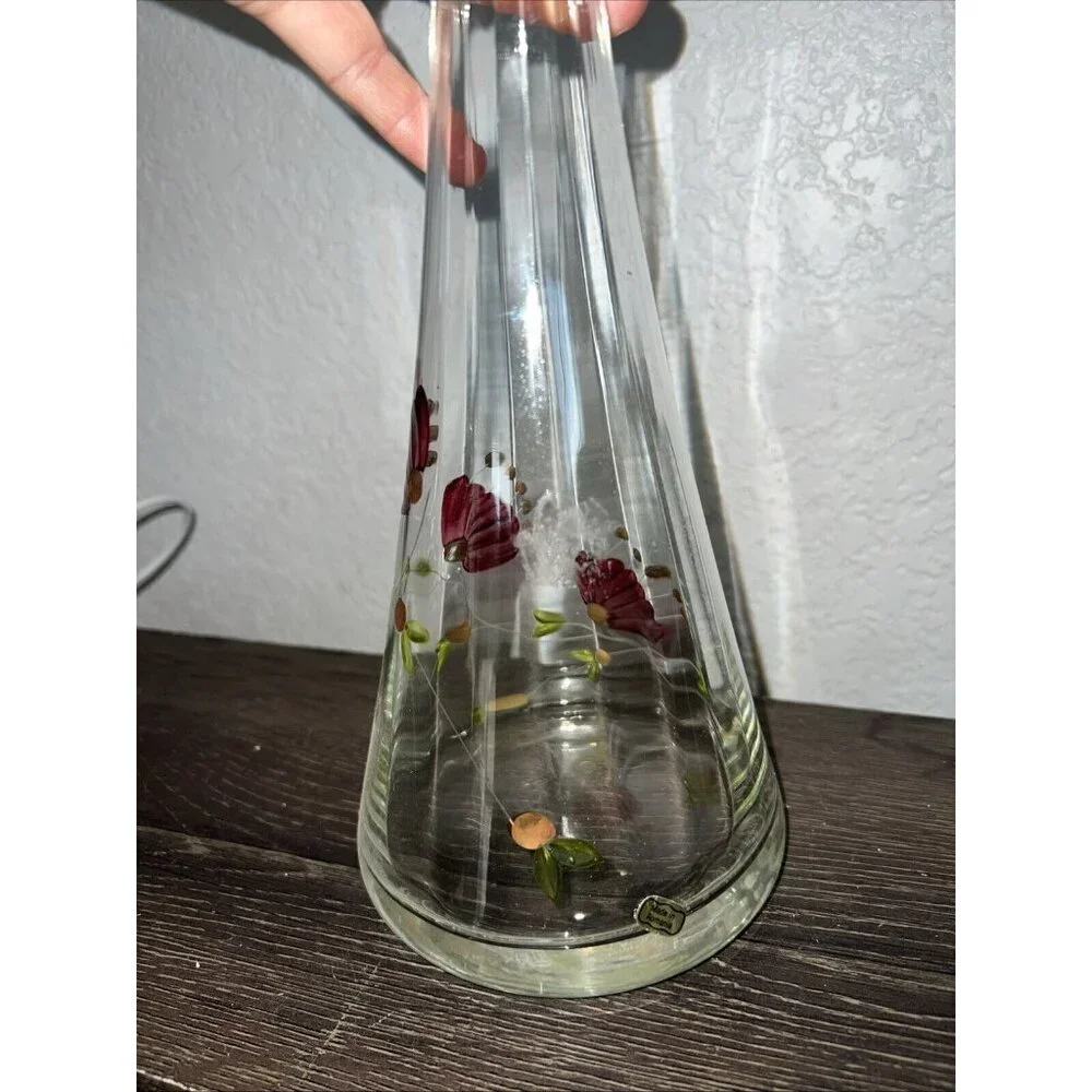 Hand Painted Glass Carafe with Cap, Decanter Vintage Romania Flowers Italy